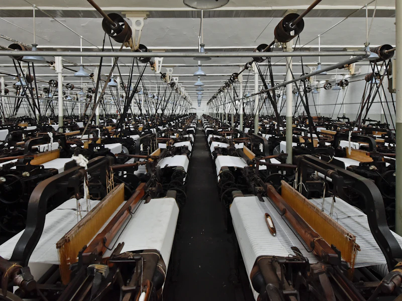 Rows of machinery on a textile production floor